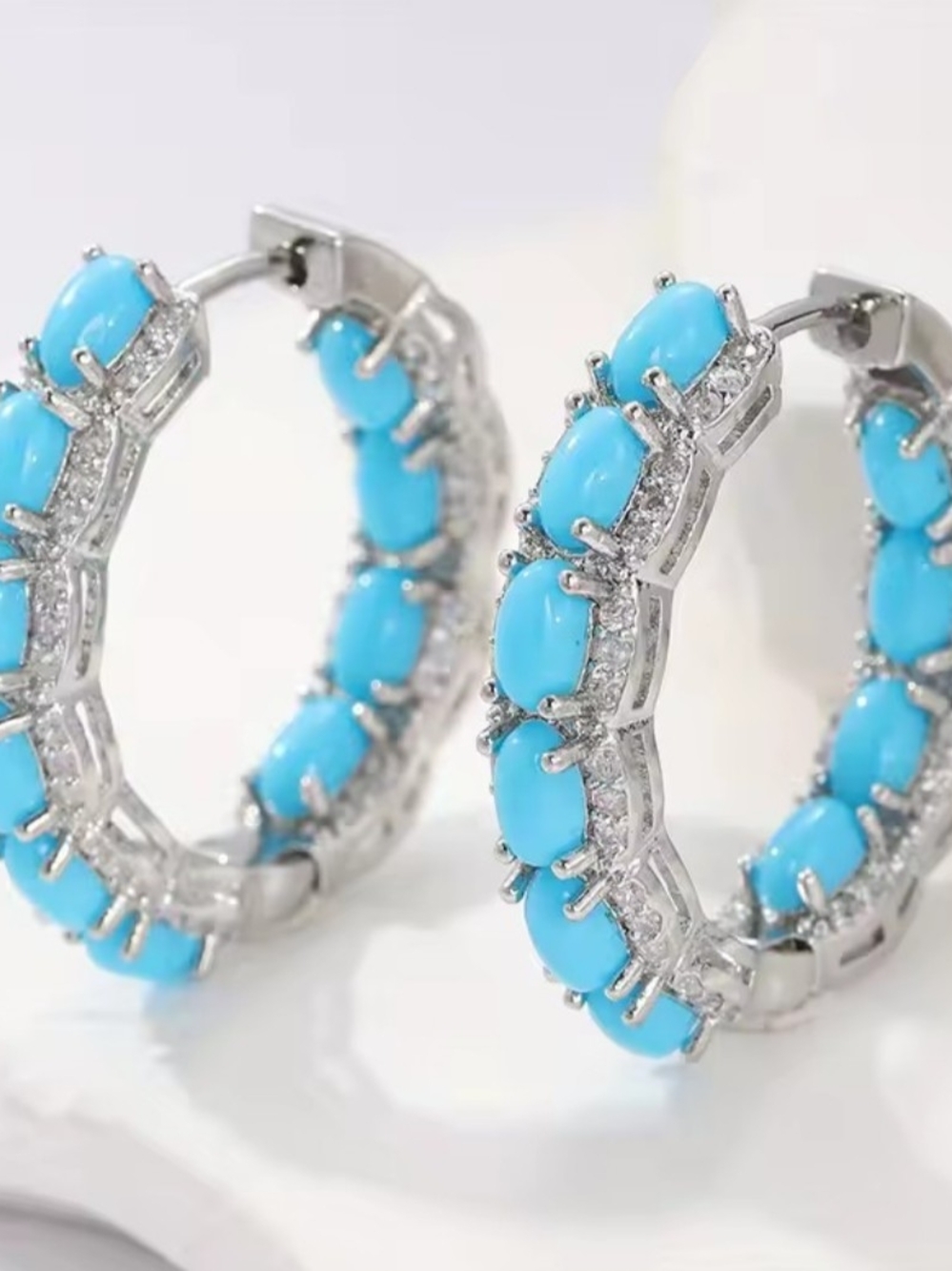 White Rhodium Turquoise Hoop Earrings